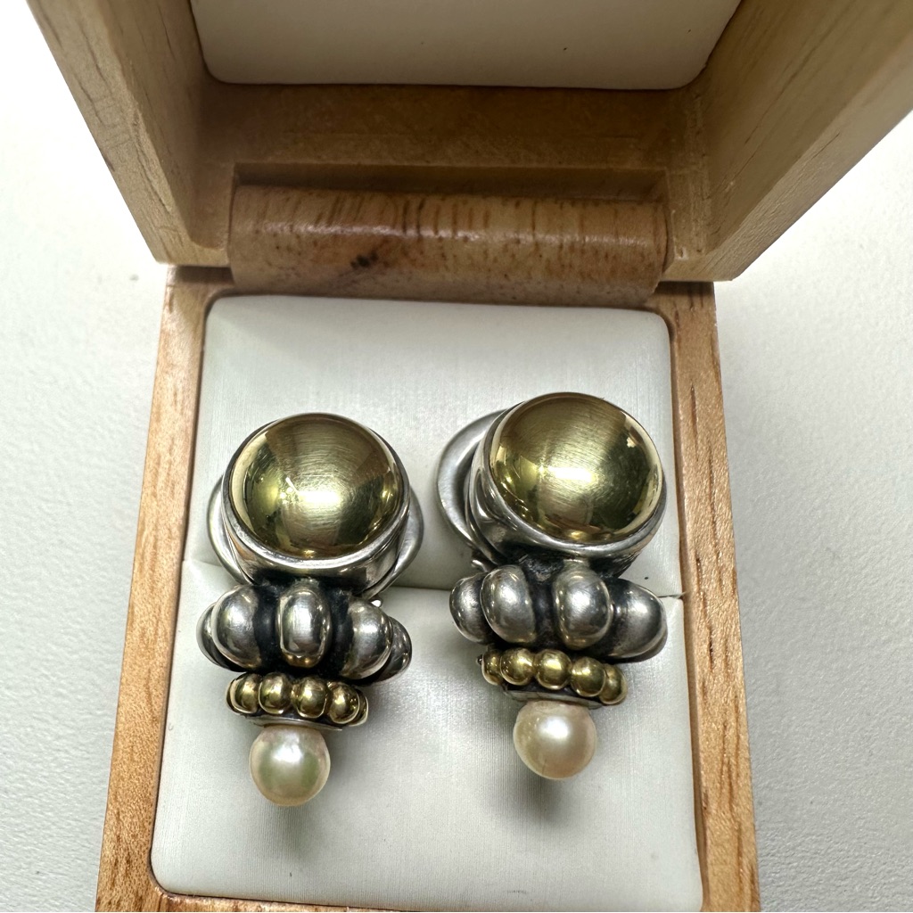 Elegant Two-Tone Earrings With Pearl Accents